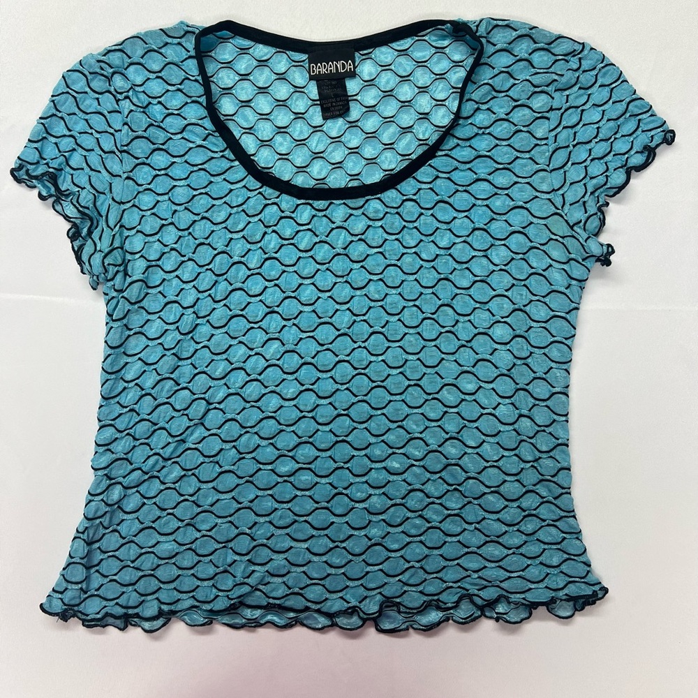 Vintage Baranda Y2K Teal Lettuce Hem Textured  Stretch Top Retro Club Large
